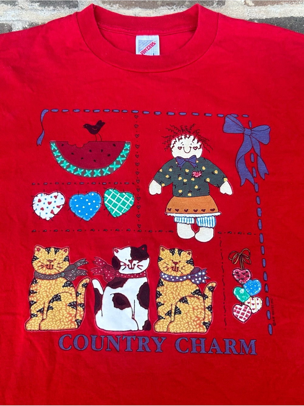 Vintage 90s Jerzees Country Charm red graphic tee cats doll homespun cottage L